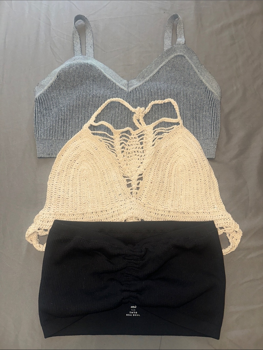 Grey Ribbed Bralette, Cream Crochet Halter, Black Seamless Tube Top Set